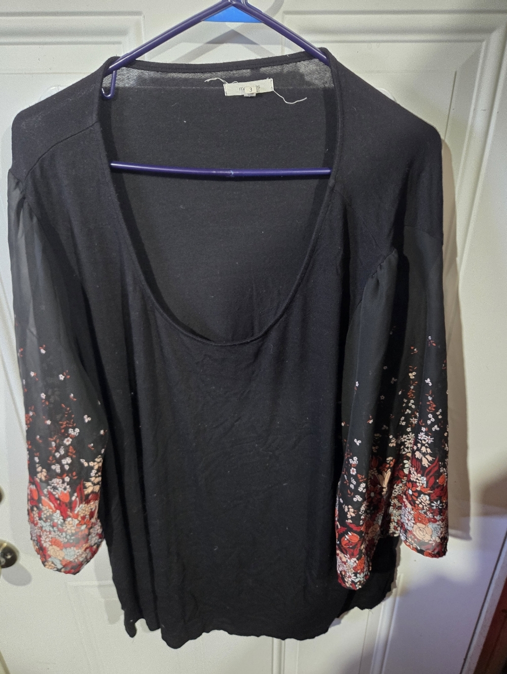 Maurices Black Tunic with Red Floral Sleeves